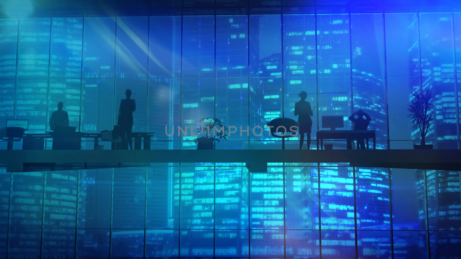Silhouettes In An Office Building Against Of Skyscrapers by ConceptCafe
