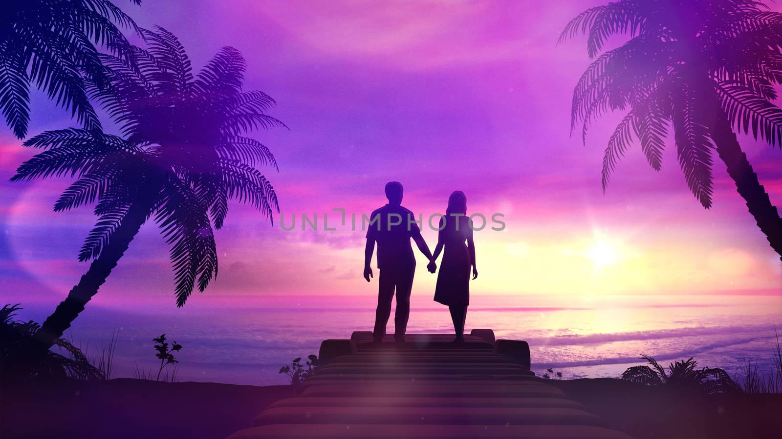 Very beautiful, colorful and bright background on the theme of travel, rest and holidays. Silhouettes of a couple in love standing against the backdrop of the setting sun create a gentle and magical atmosphere.