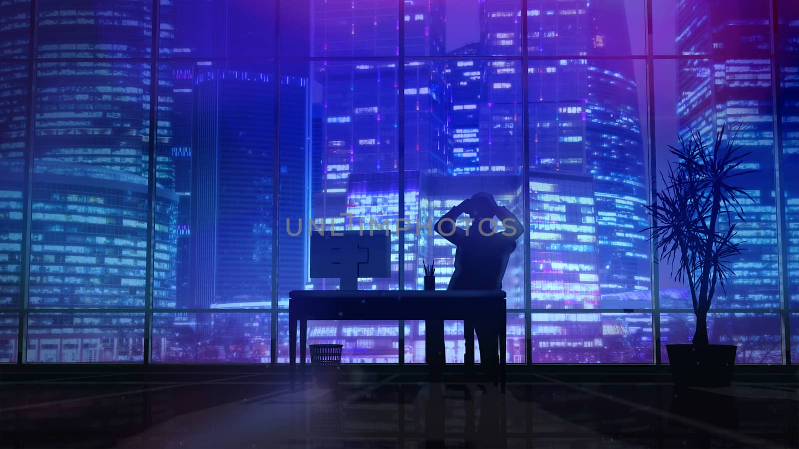 The man in the office holds his head against the background of the night skyscrapers.