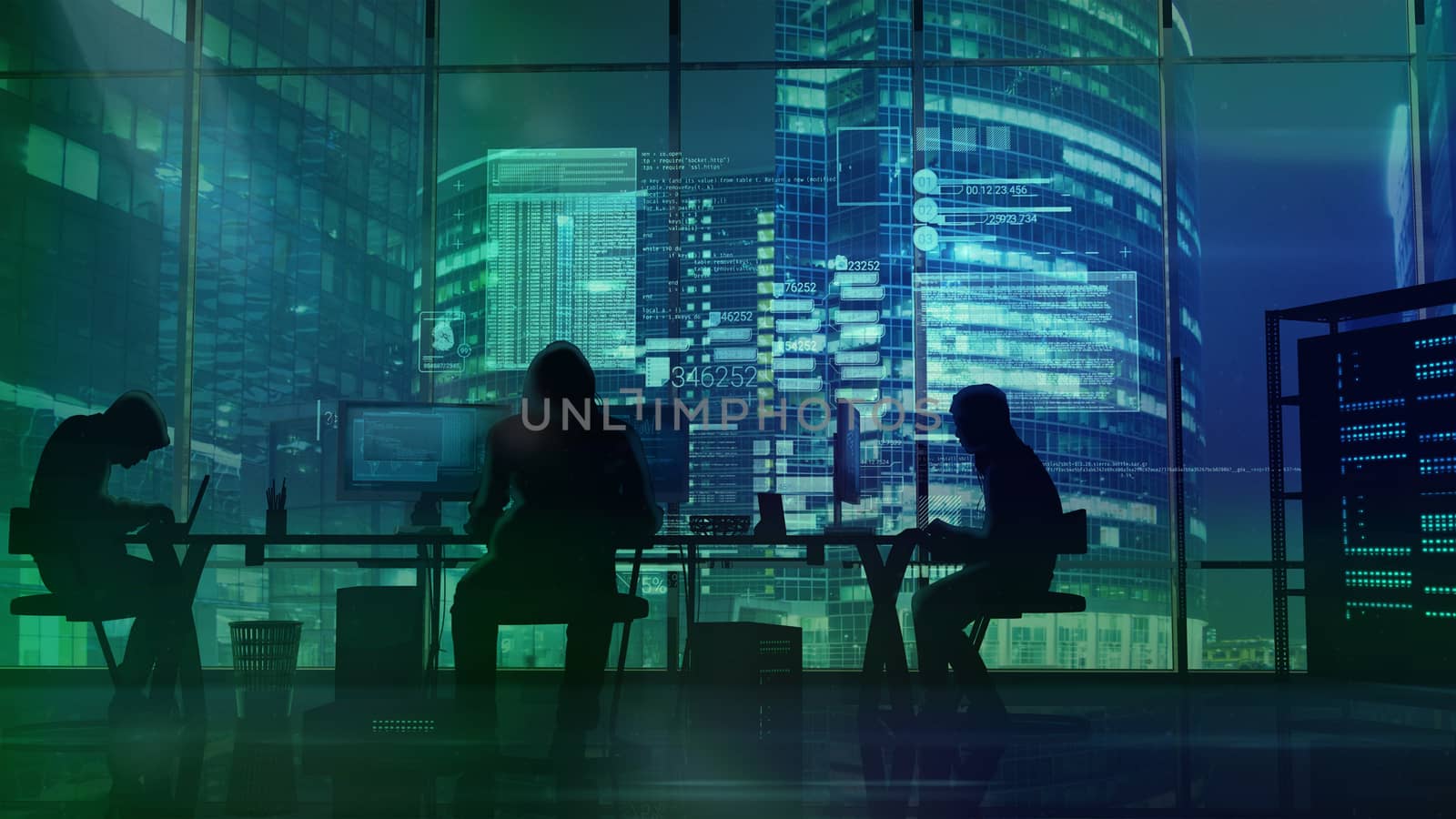 Silhouettes of several men working intensively behind their computers against the background of glass office skyscrapers.
