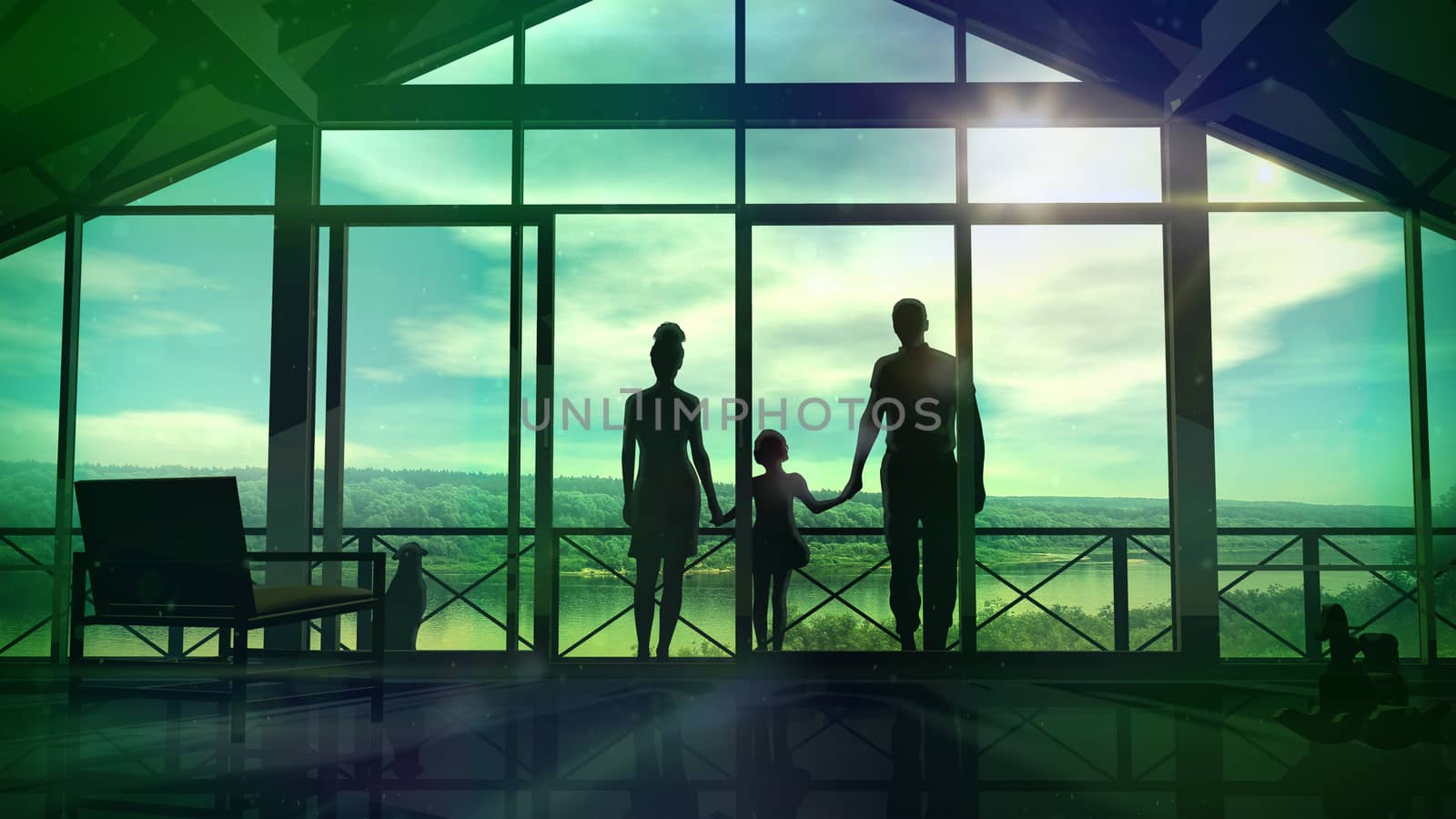 Silhouettes of a happy family on the veranda by ConceptCafe