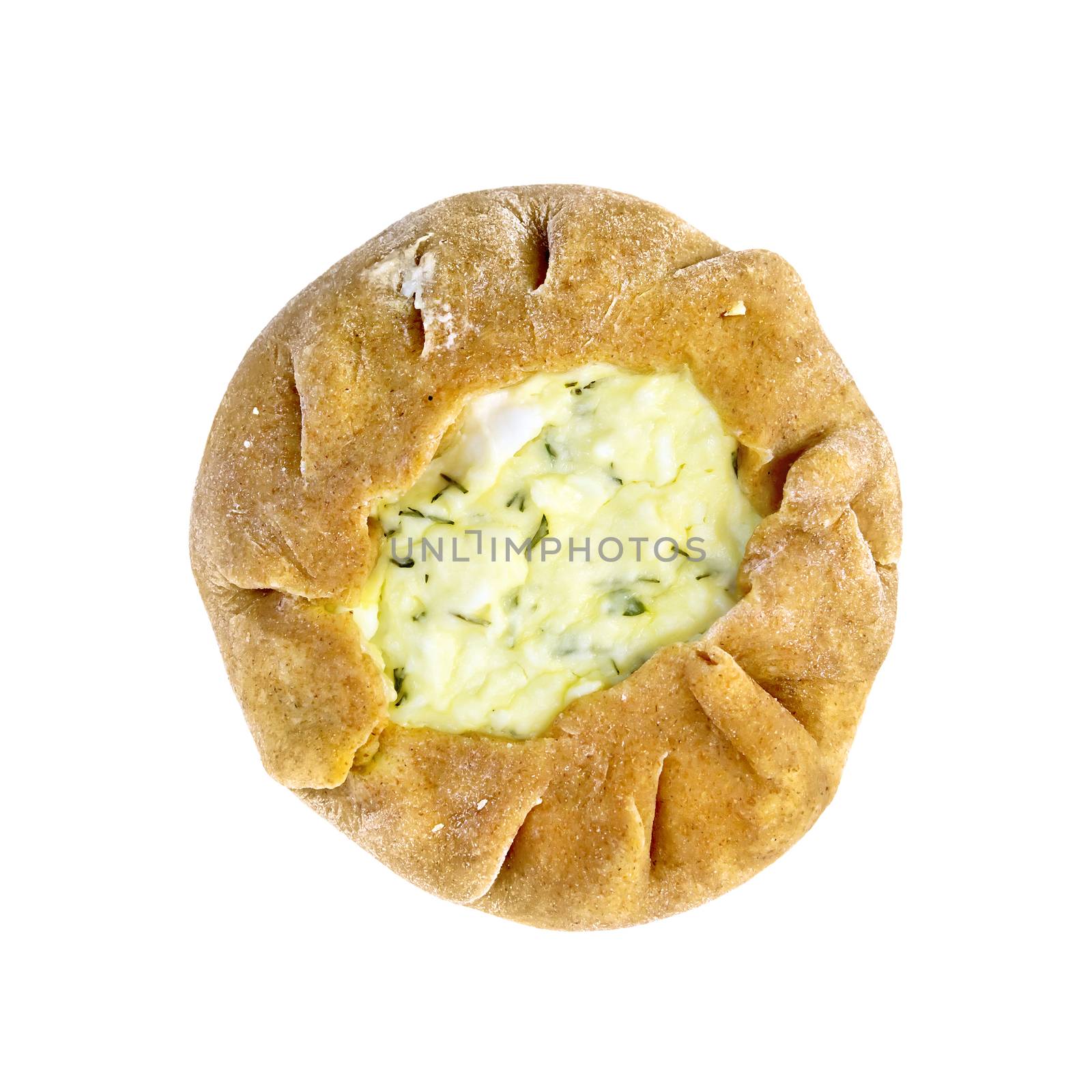 One round cheesecake carol of rye flour filled with cheese isolated on white background on top