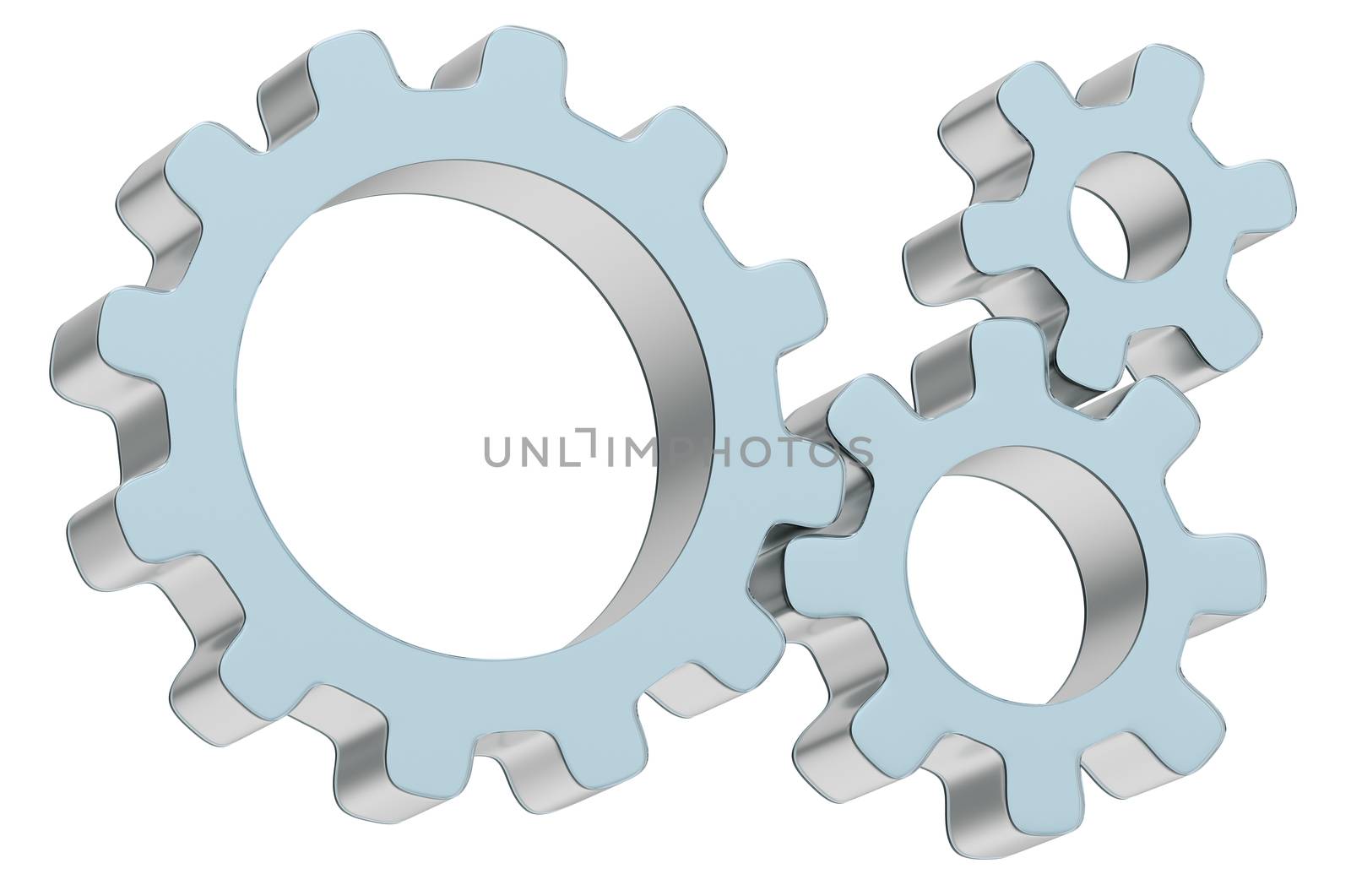 Three 3d gears made of metal and glass. The concept of teamwork. 3d illustration, isolated on white background