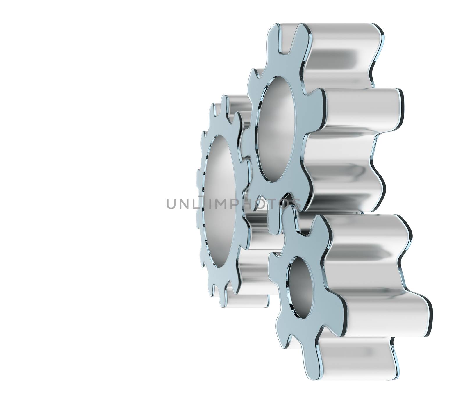 Three 3d gears made of metal and glass. The concept of teamwork. 3d illustration, isolated on white background