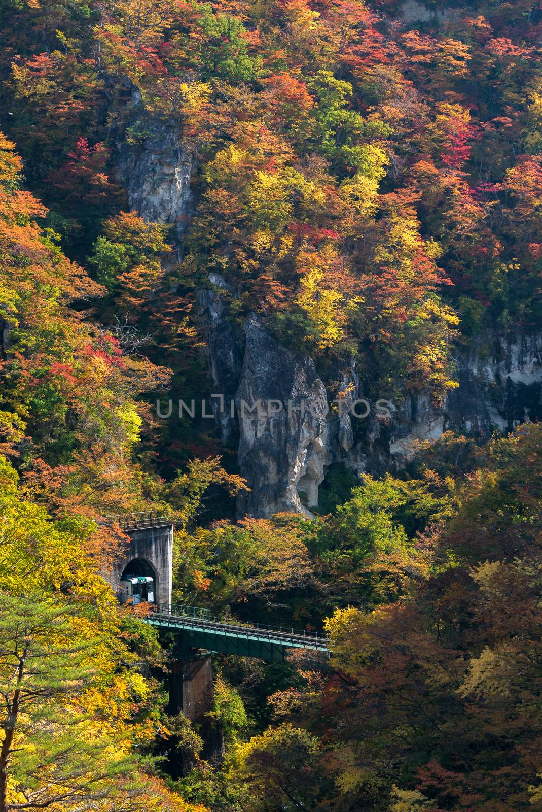 Naruko Gorge valley with train railroad tunnel in Miyagi Tohoku Japan