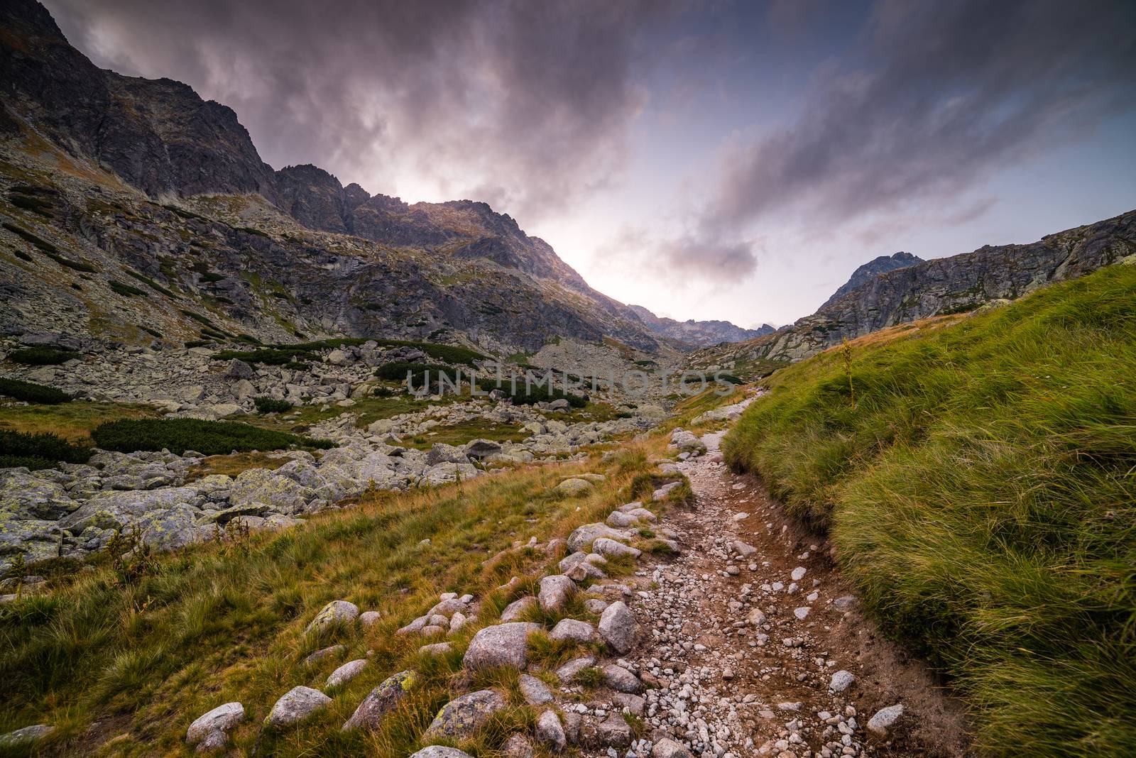 Hiking Trail in the Mountains in the Evening. Mlynicka Valley, High Tatra, Slovakia.