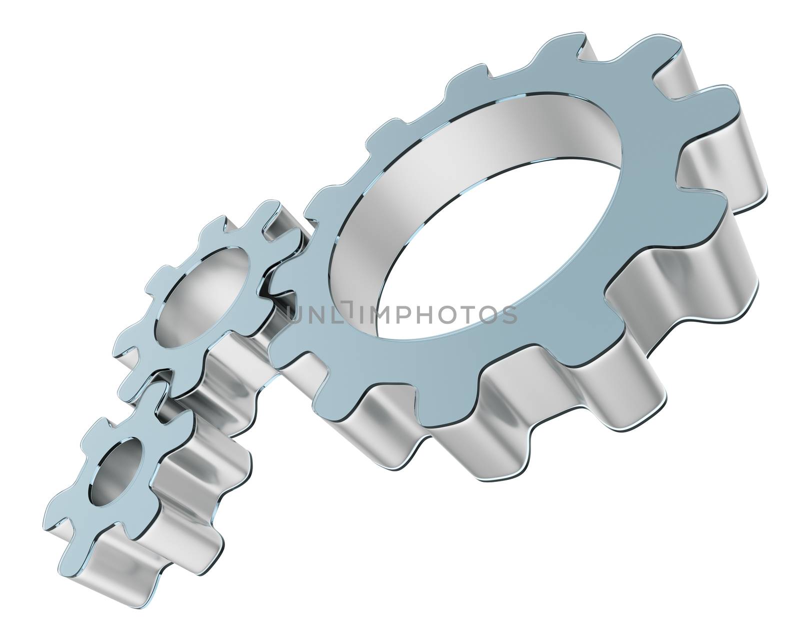 Three 3d gears made of metal and glass. The concept of teamwork. 3d illustration, isolated on white background