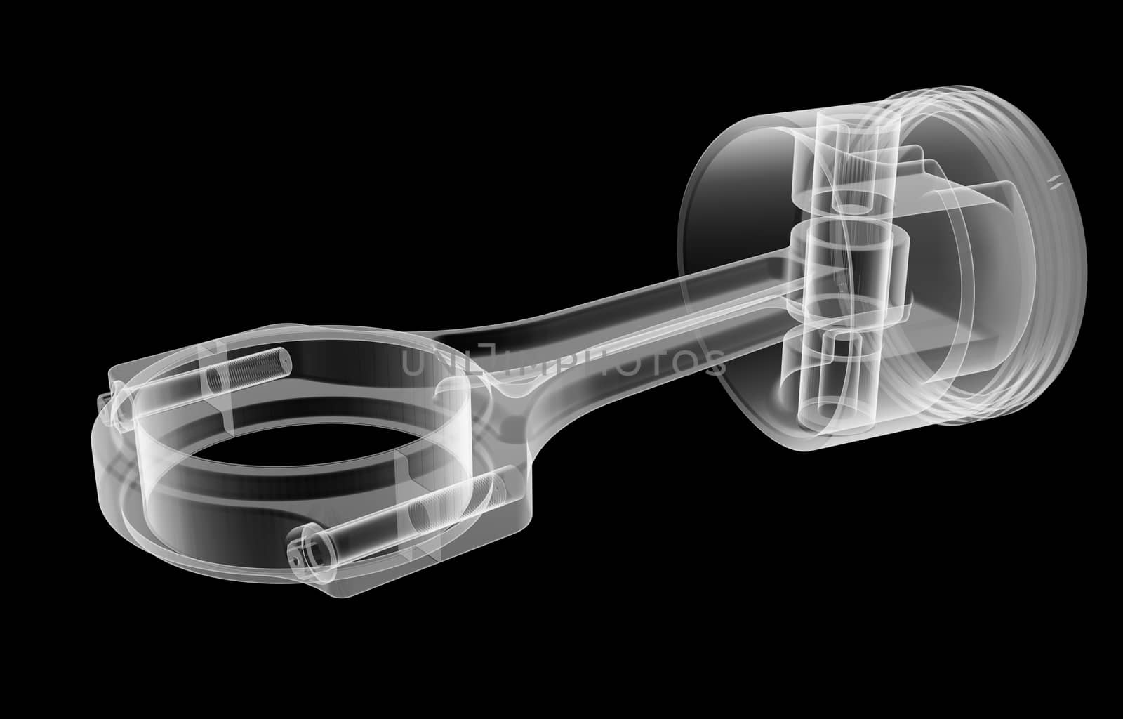 Engine piston x-ray image, isolated on black background. 3d illustration