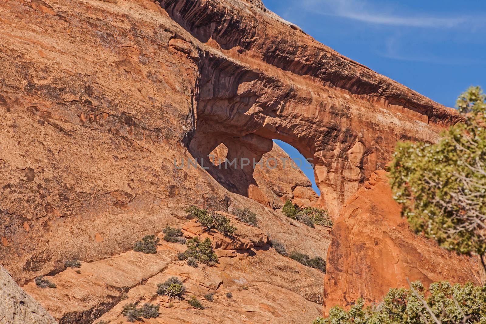 The Navajo Arch photographed from a distance in  in Arches National Park Utah. United States.