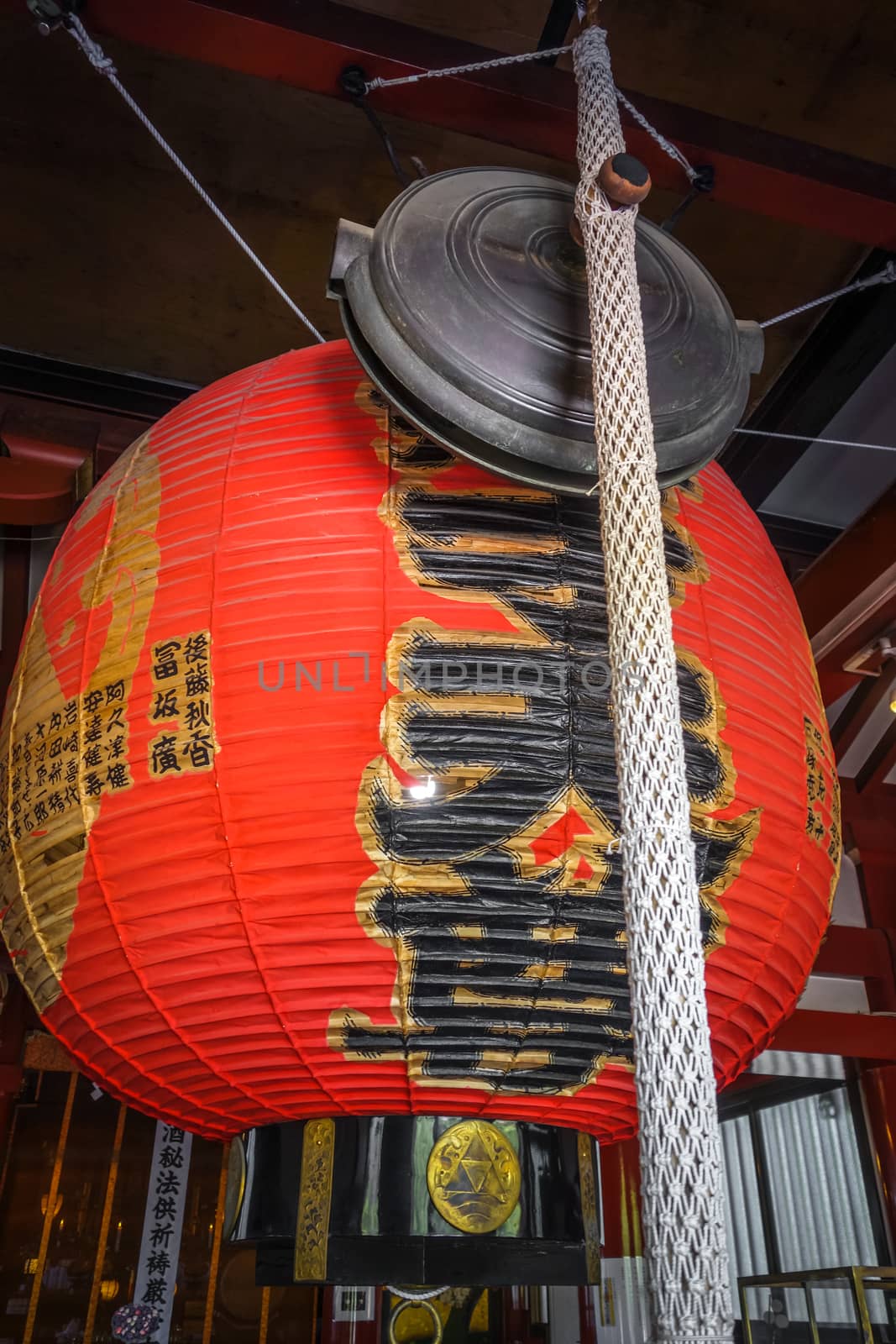 Paper lantern and gong in Ueno temple, Tokyo, Japan