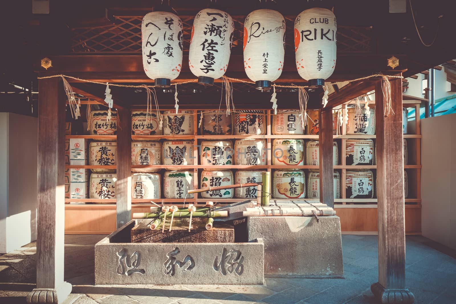 Traditional Kazaridaru barrels in Maruyama garden, Kyoto, Japan