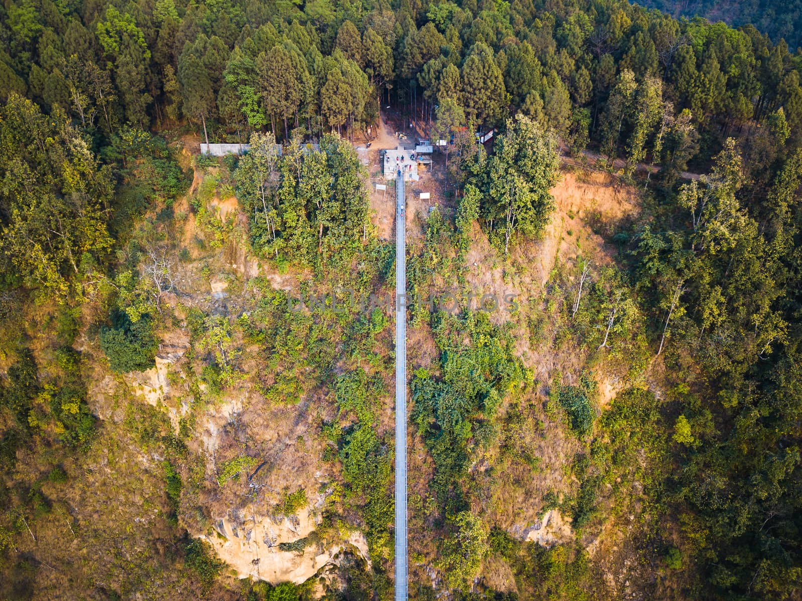 Drone view of the suspension bridge over the Kali Gandaki river between Kushma and Balewa in Nepal