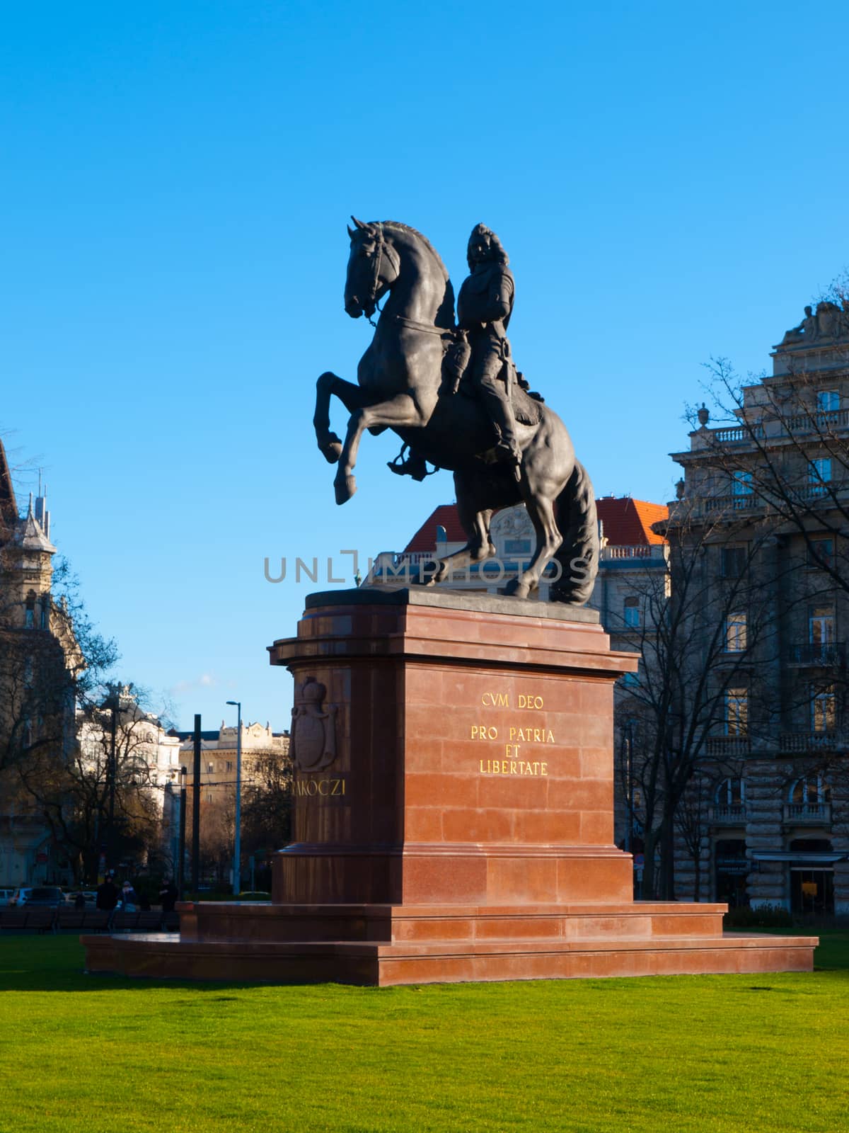 Equestrian statue of Ferenc Rakoczi mounted on a horse, Kossuth Lajos Square, Budapest, Hungary, Europe by pyty