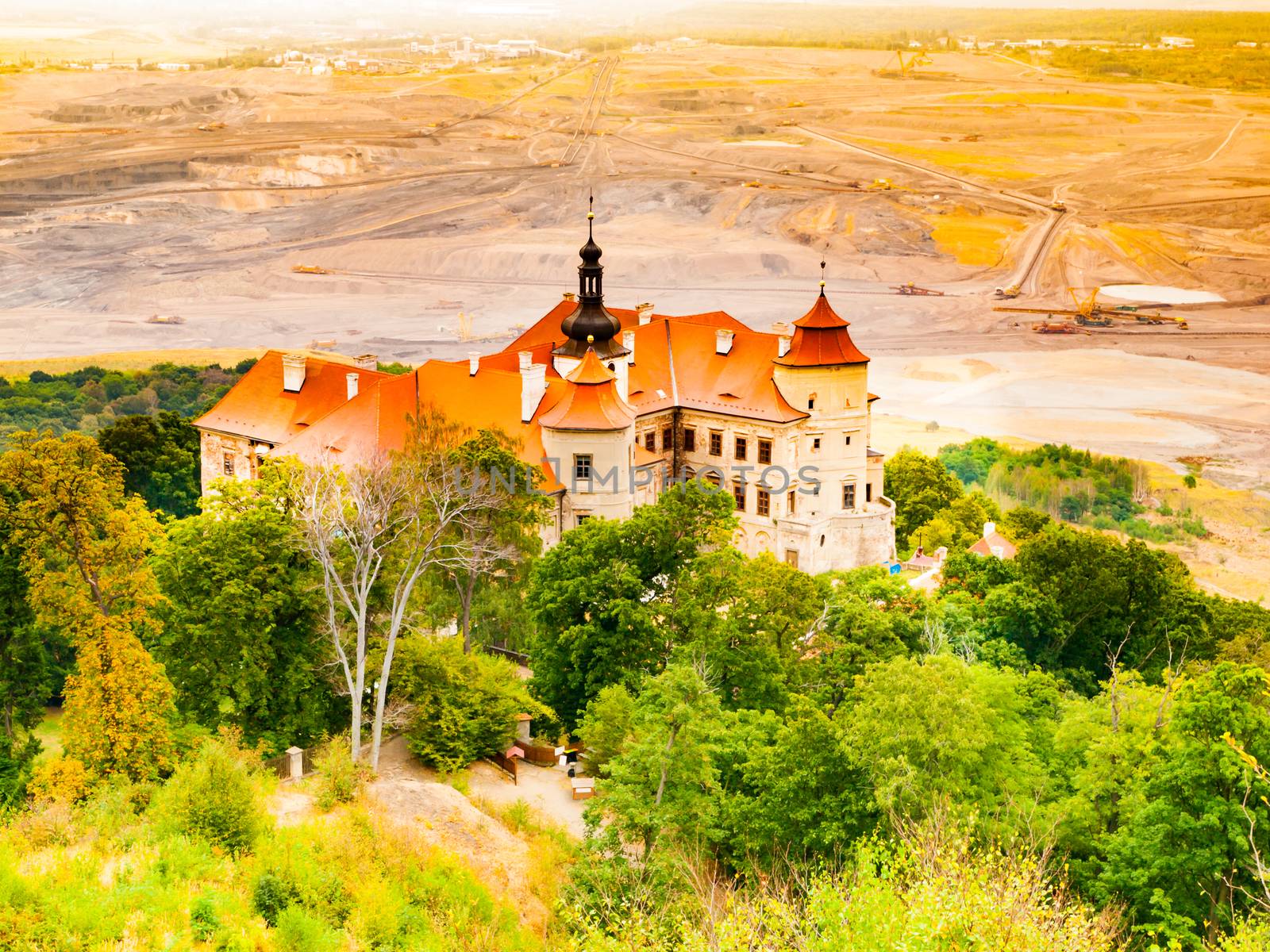 Jezeri Castle situated near coal mine in Northern Bohemia, Czech Republic.