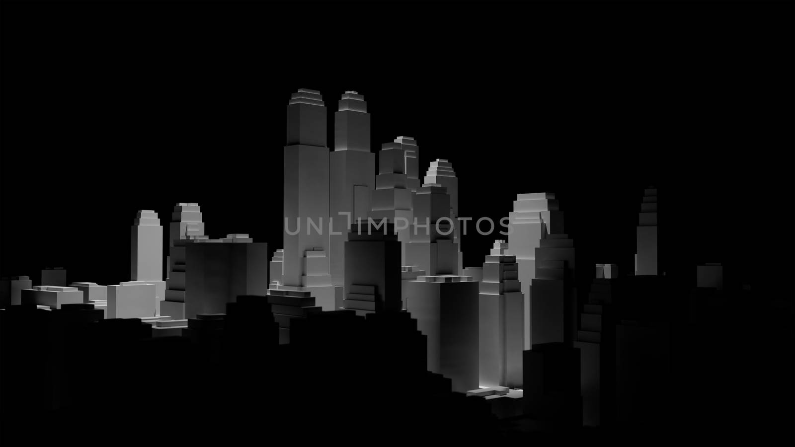 The middle of the 3d city is illuminated by a spotlight and around it is dark. 3d illustration. The concept of urban life and construction