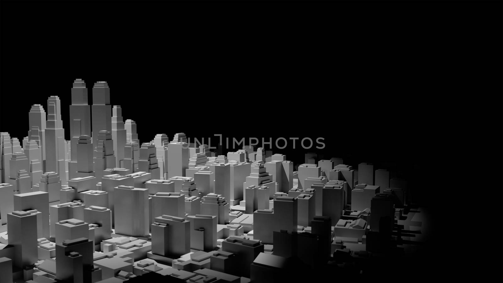 The middle of the 3d city is illuminated by a spotlight and around it is dark. 3d illustration. The concept of urban life and construction