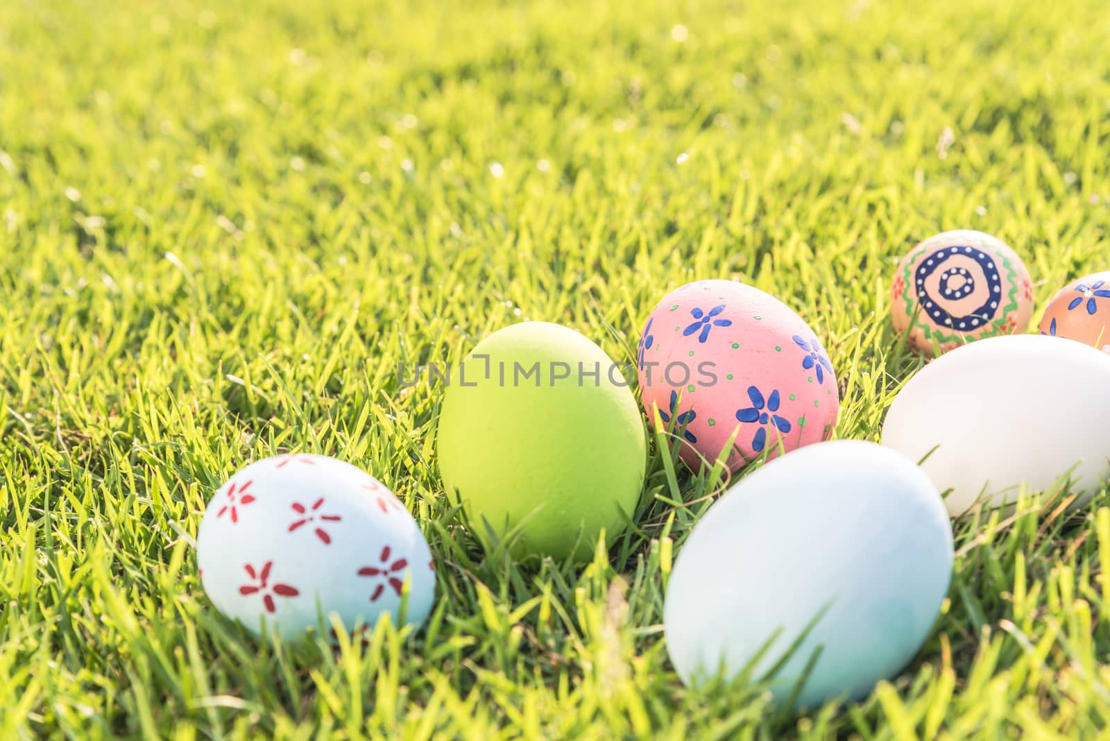 Happy easter!  Closeup Colorful Easter eggs on green grass field by spukkato