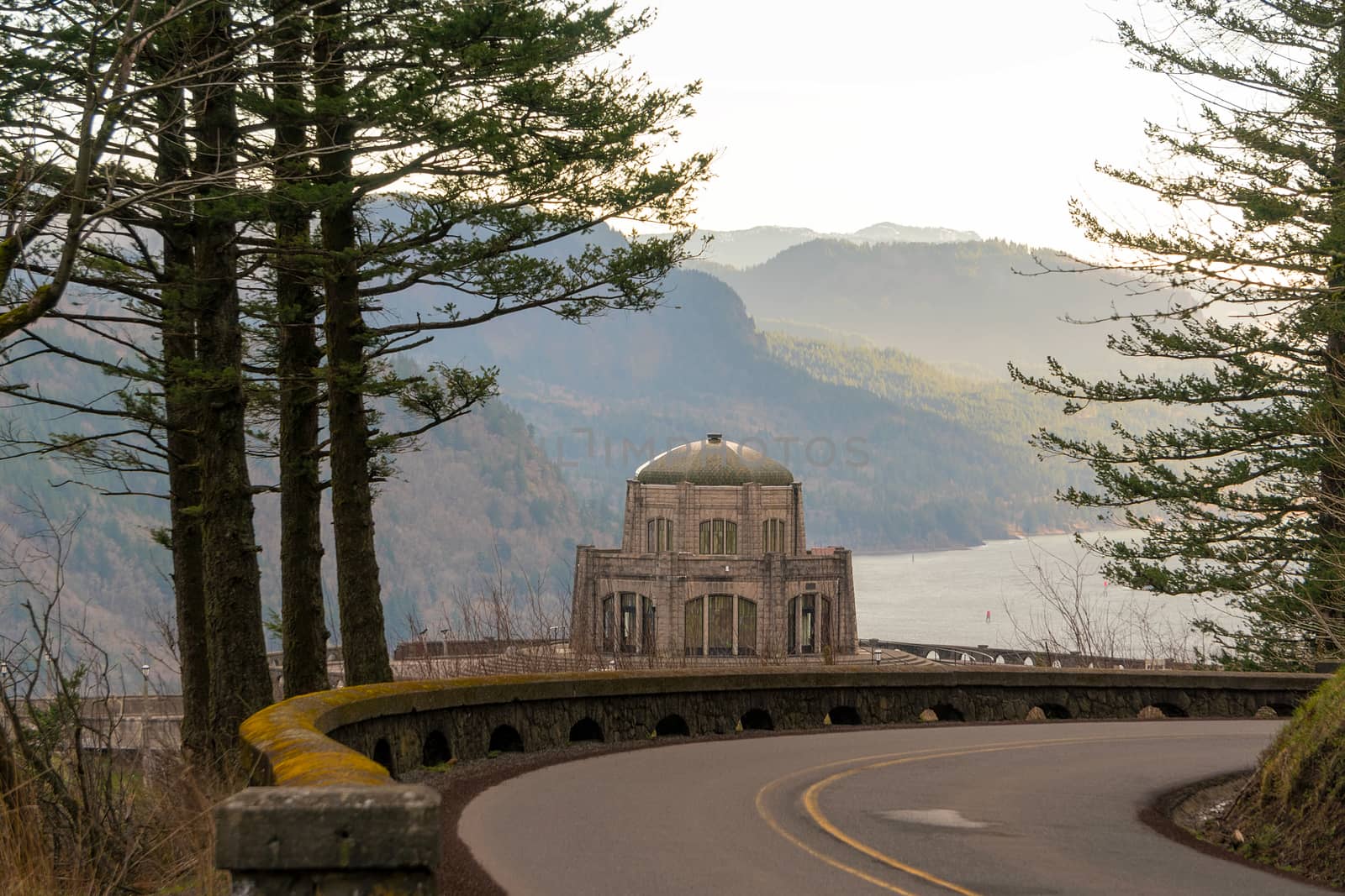 Vista house on Crown Point along Old Columbia Highway in Columbia River Gorge Oregon