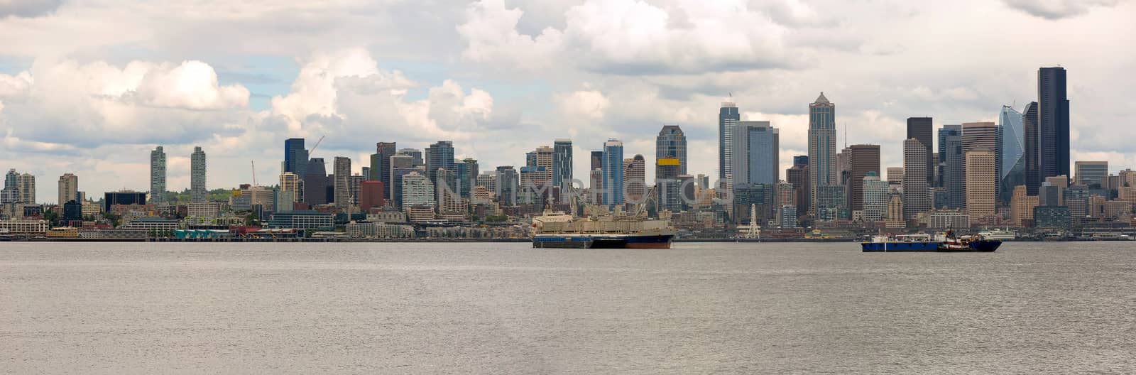 Seattle Washington city skyline along Elliott Bay Panorama