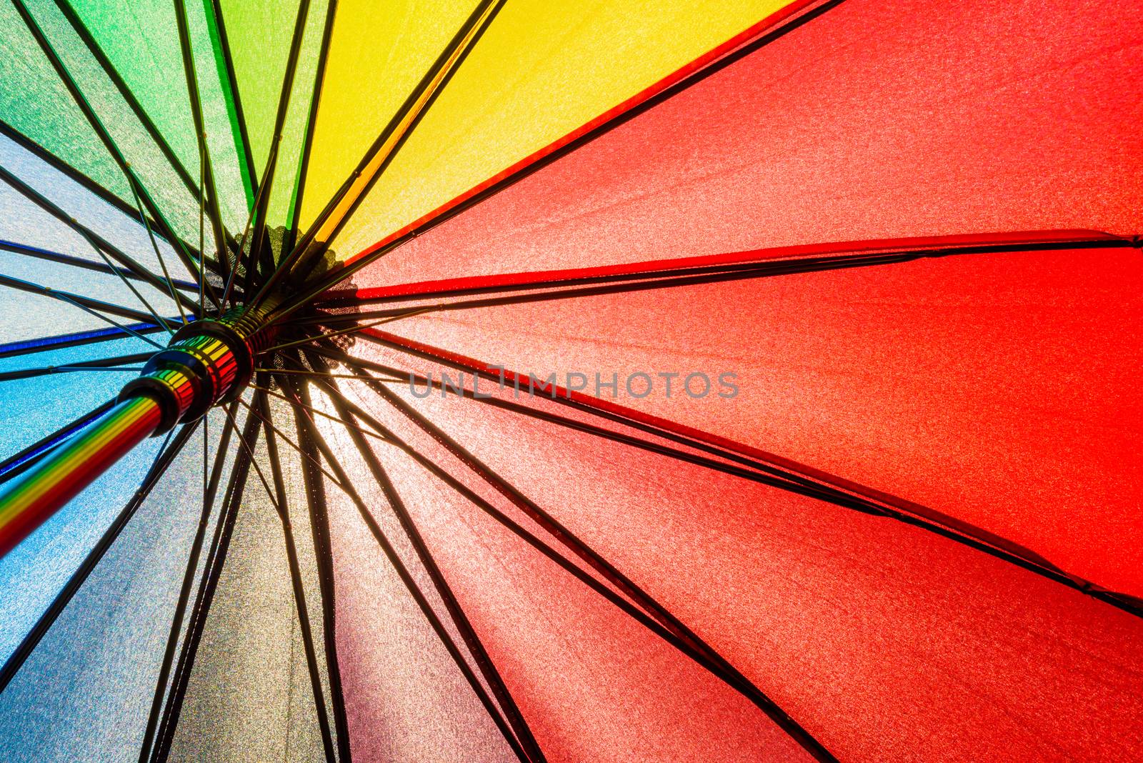 Bottom view of Rainbow umbrella texture background. by spukkato