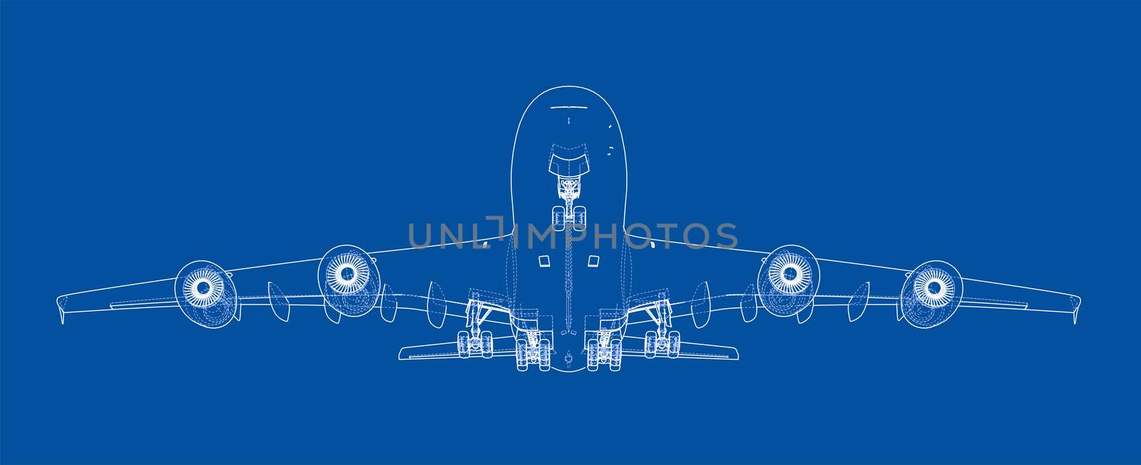 Passenger aircraft. 3d illustration. Wire-frame style. The layers of visible and invisible lines are separated