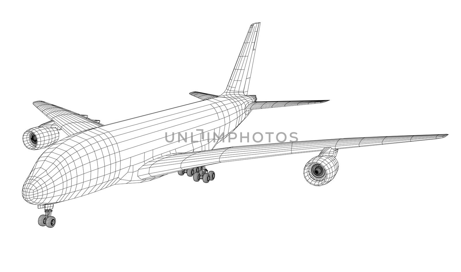 Passenger aircraft. 3d illustration. Wire-frame style. The layers of visible and invisible lines are separated