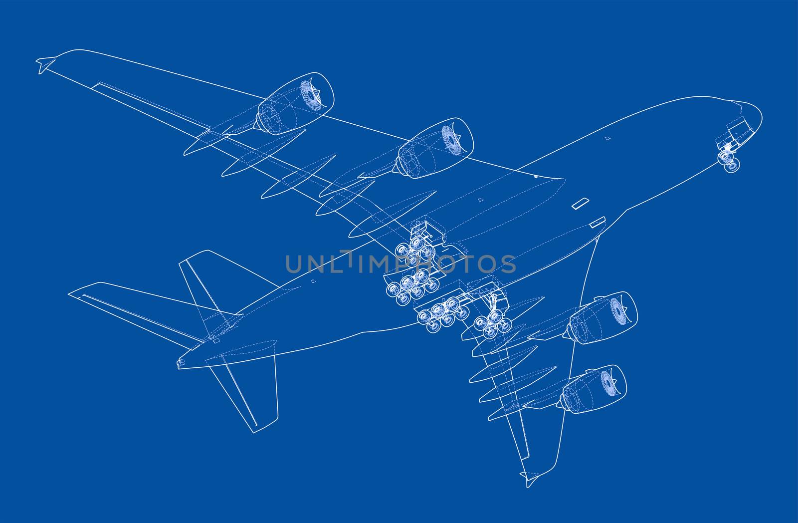 Passenger aircraft. 3d illustration. Wire-frame style. The layers of visible and invisible lines are separated