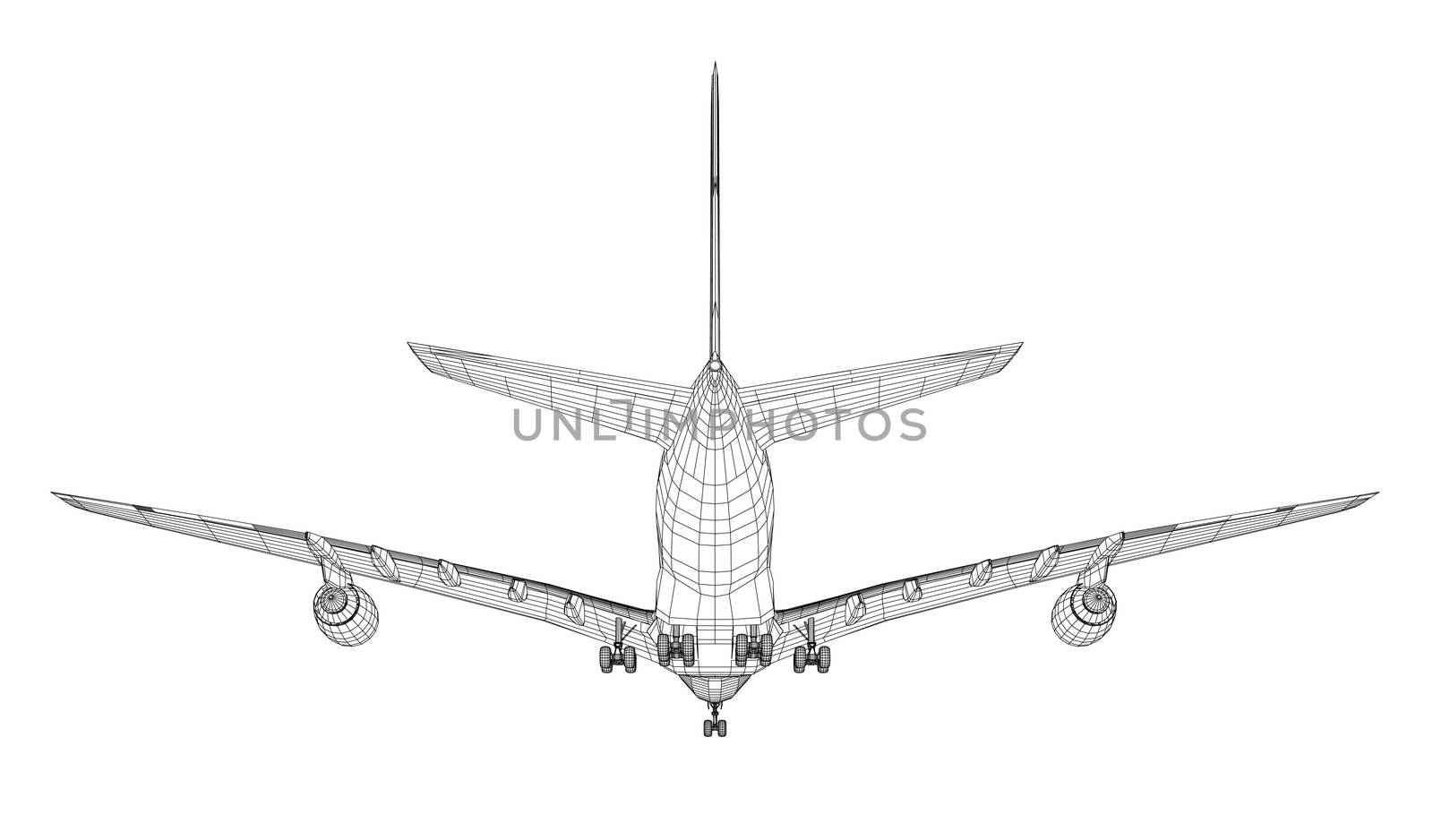 Passenger aircraft. 3d illustration. Wire-frame style. The layers of visible and invisible lines are separated