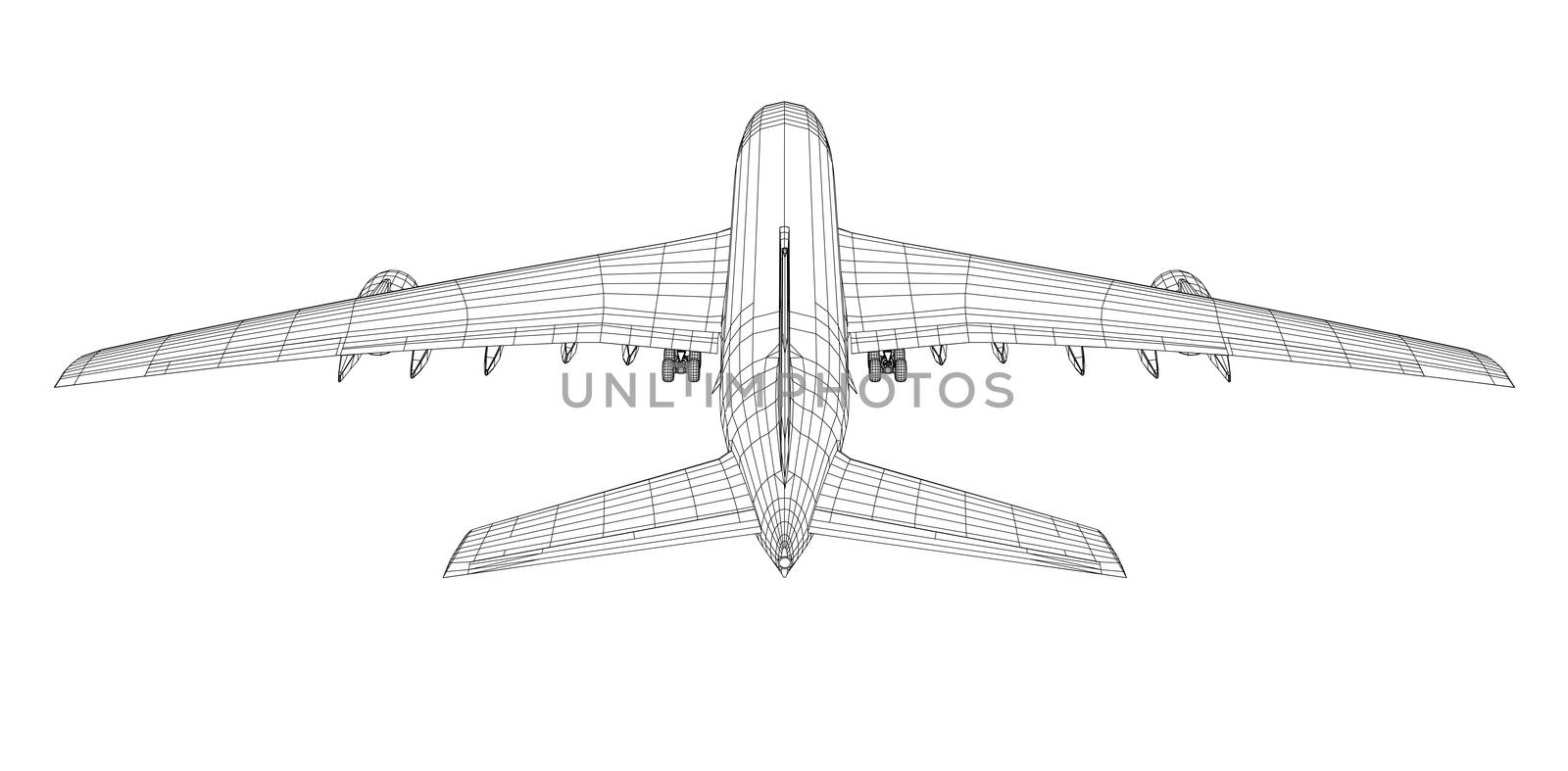 Passenger aircraft. 3d illustration. Wire-frame style. The layers of visible and invisible lines are separated