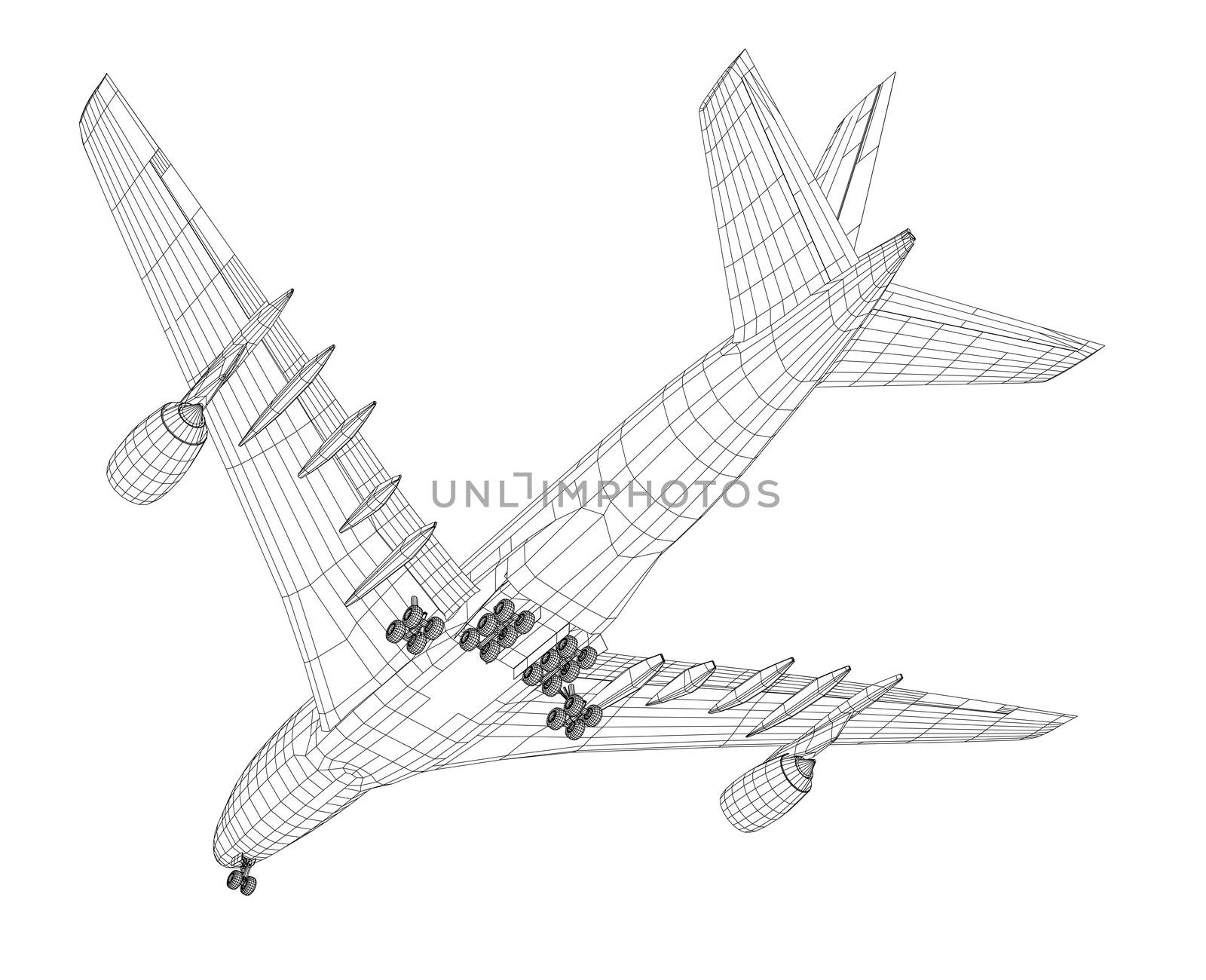 Passenger aircraft. 3d illustration. Wire-frame style. The layers of visible and invisible lines are separated