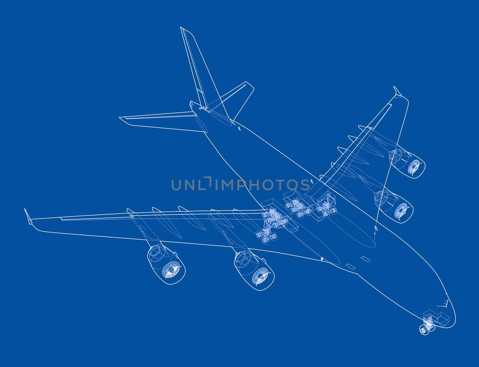 Passenger aircraft. 3d illustration. Wire-frame style. The layers of visible and invisible lines are separated