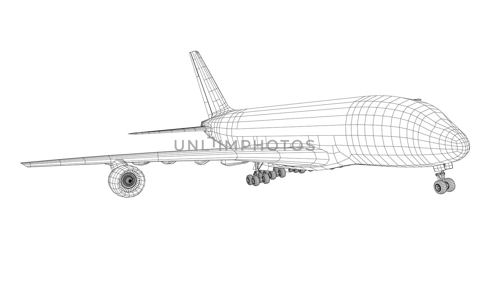 Passenger aircraft. 3d illustration. Wire-frame style. The layers of visible and invisible lines are separated