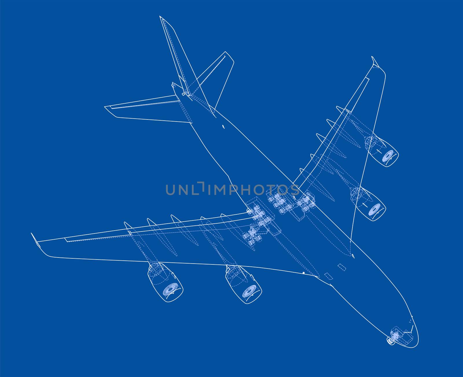 Passenger aircraft. 3d illustration. Wire-frame style. The layers of visible and invisible lines are separated