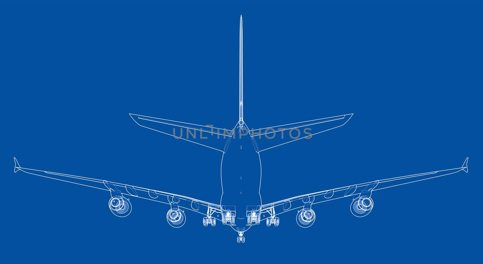 Passenger aircraft. 3d illustration. Wire-frame style. The layers of visible and invisible lines are separated