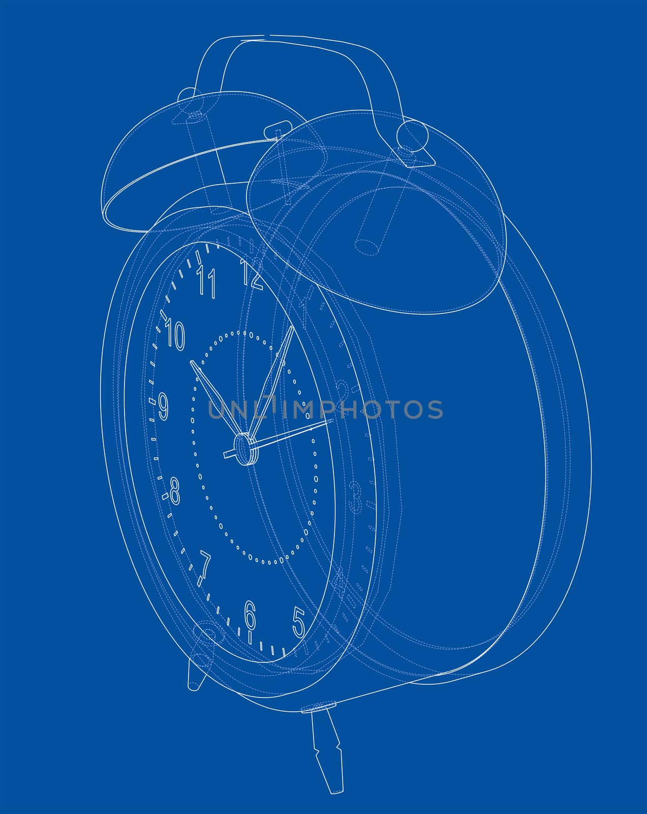 Alarm clock sketch. 3d rendering. Wire-frame style