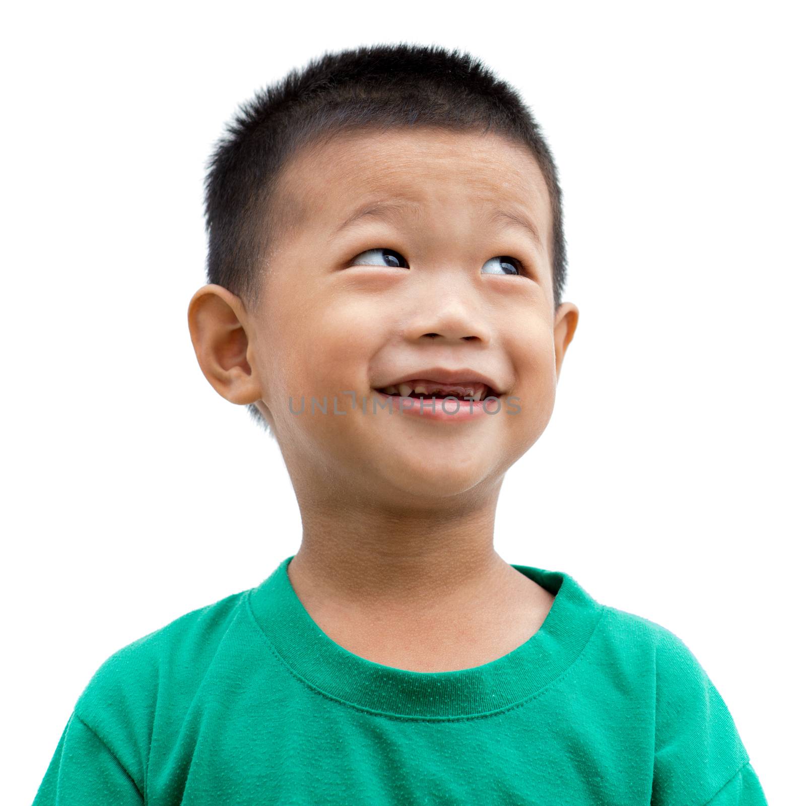 Headshot of happy Asian child smiling and looking up. Portrait of young boy isolated on white background.