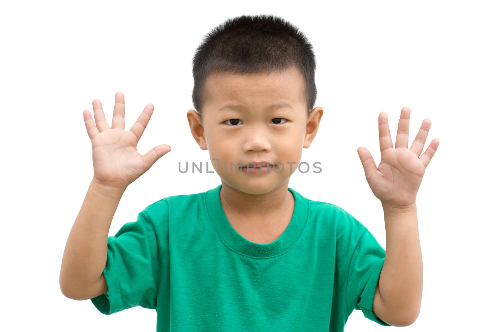 Happy Asian child smiling and showing his palms. Portrait of young boy showing body parts isolated on white background.