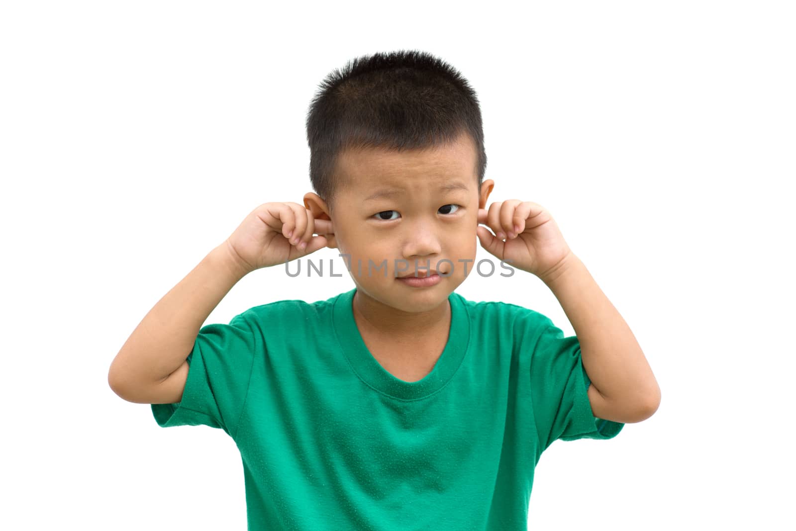 Asian child covering ears with hands. Portrait of young boy isolated on white background.
