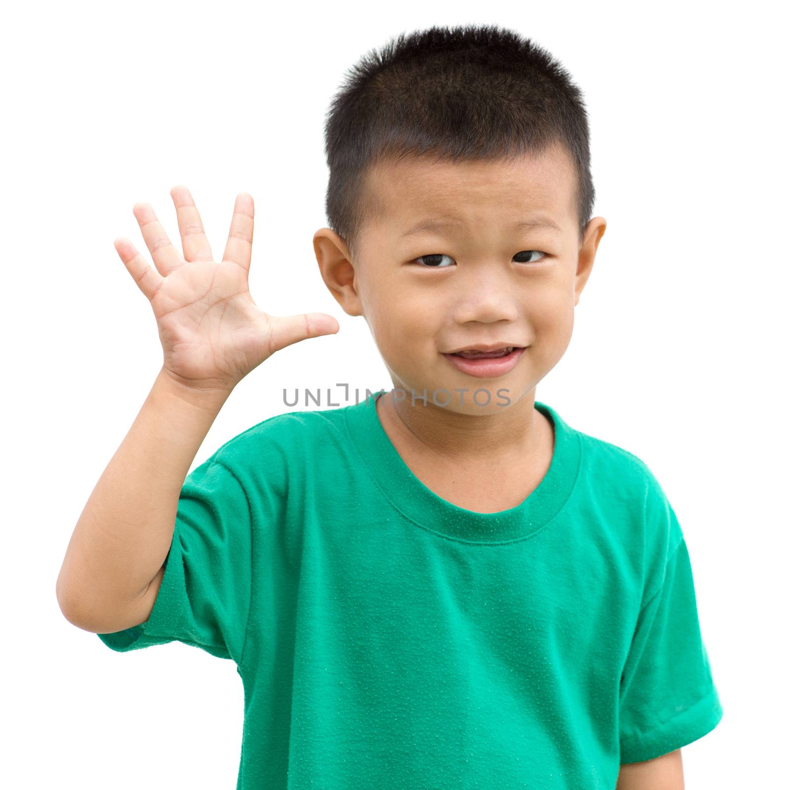 Asian child showing number five hand sign. Portrait of young boy isolated on white background.
