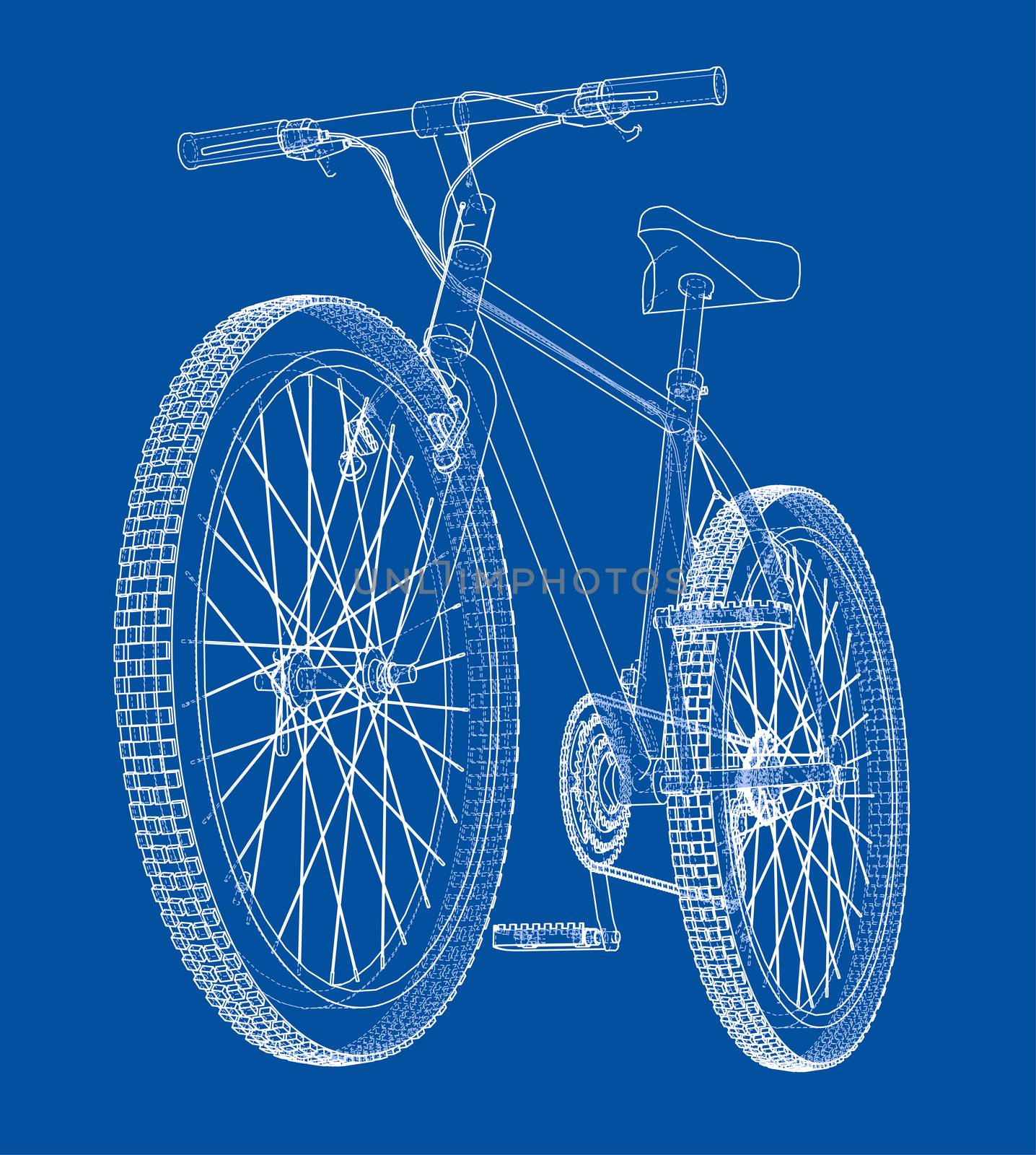 Bicycle blueprint 3d illustration. Wire-frame style on blue background