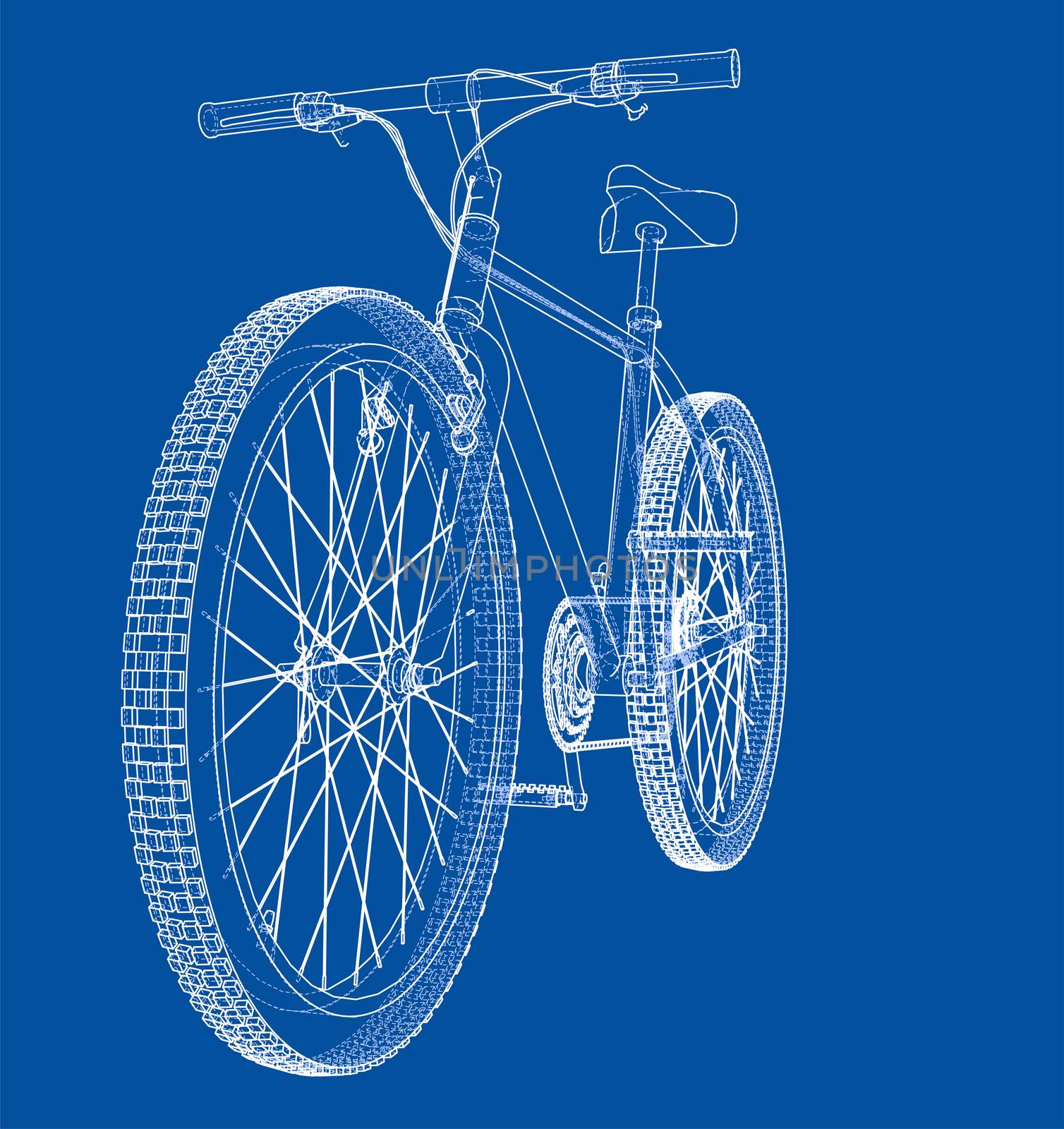 Bicycle blueprint 3d illustration. Wire-frame style on blue background