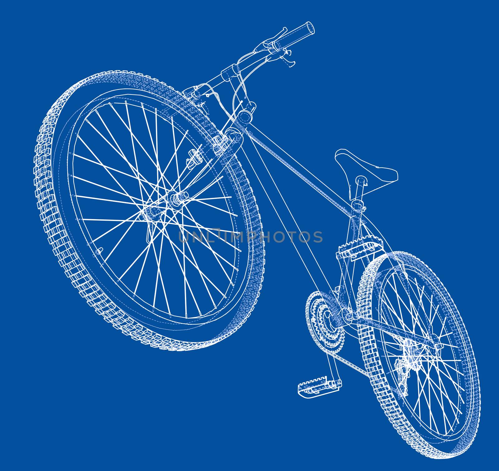 Bicycle blueprint 3d illustration. Wire-frame style on blue background