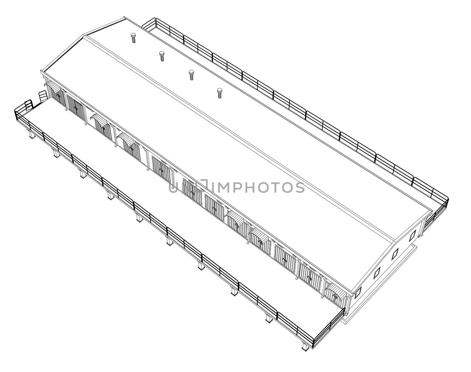 Wire-frame industrial building on the white background. 3d rendering. Wire-frame style