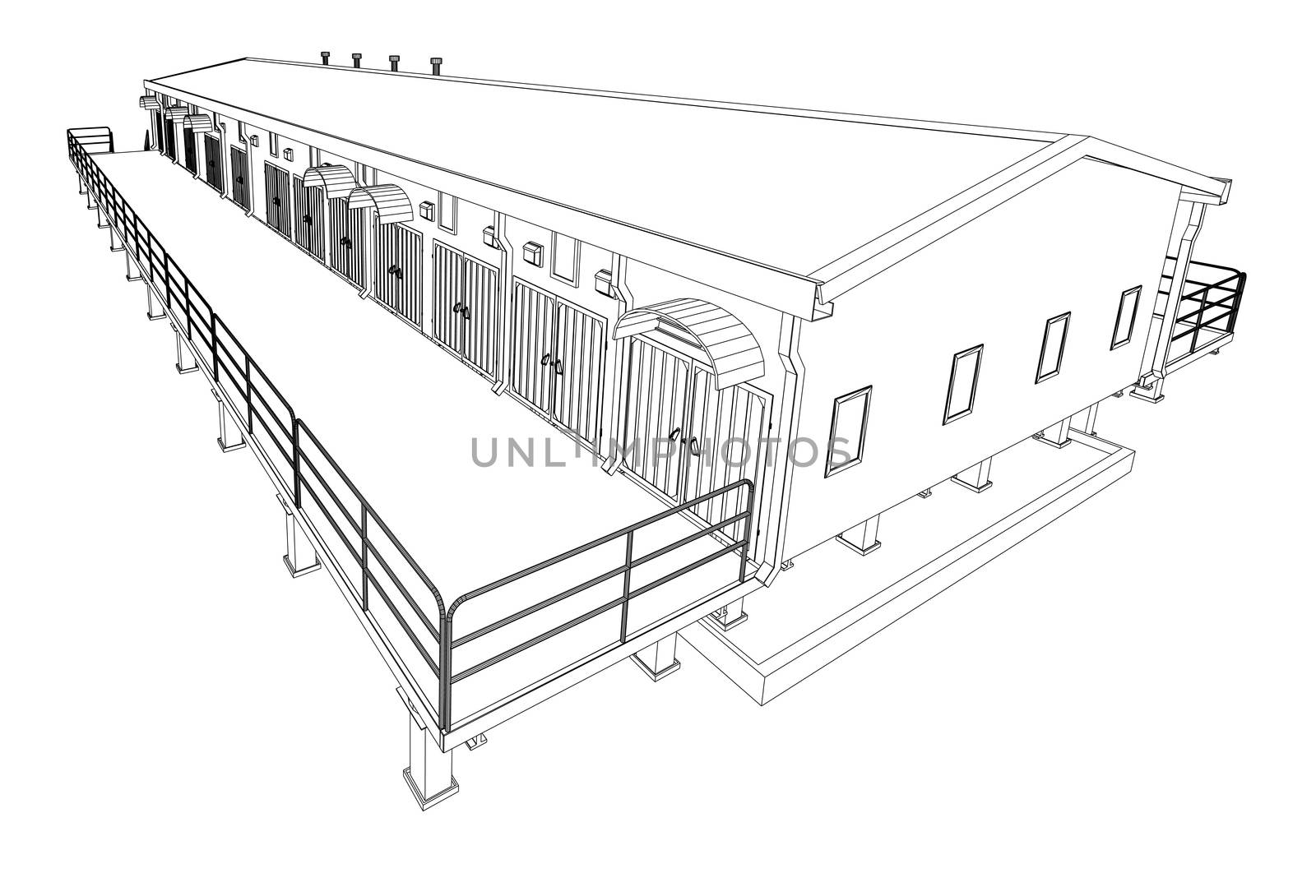 Wire-frame industrial building on the white background. 3d rendering. Wire-frame style
