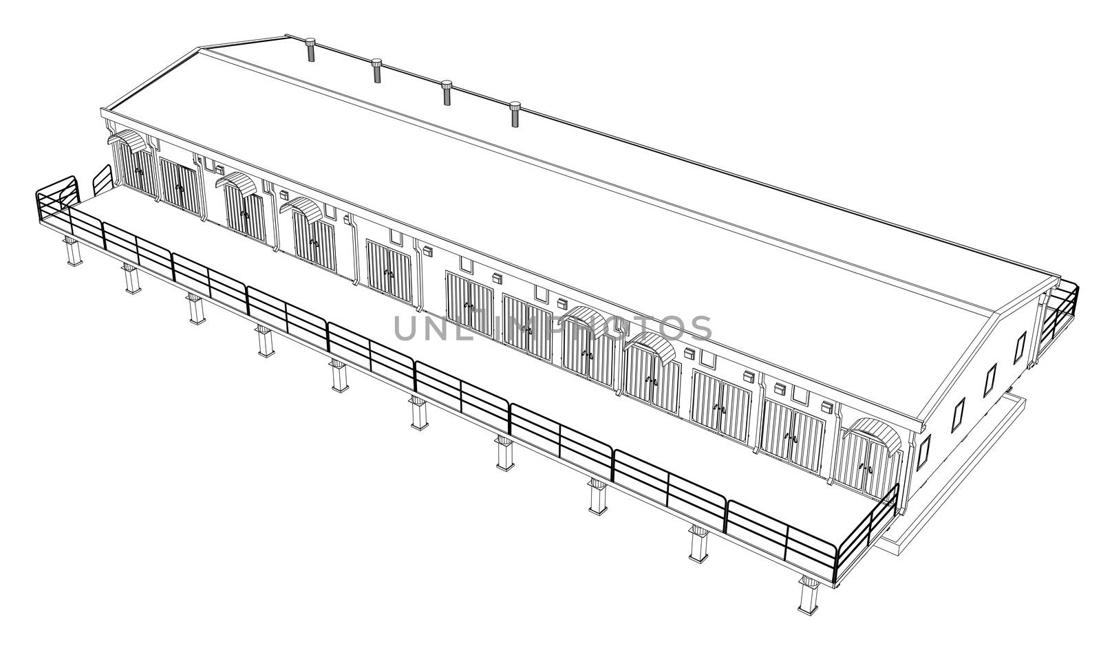 Wire-frame industrial building on the white background. 3d rendering. Wire-frame style