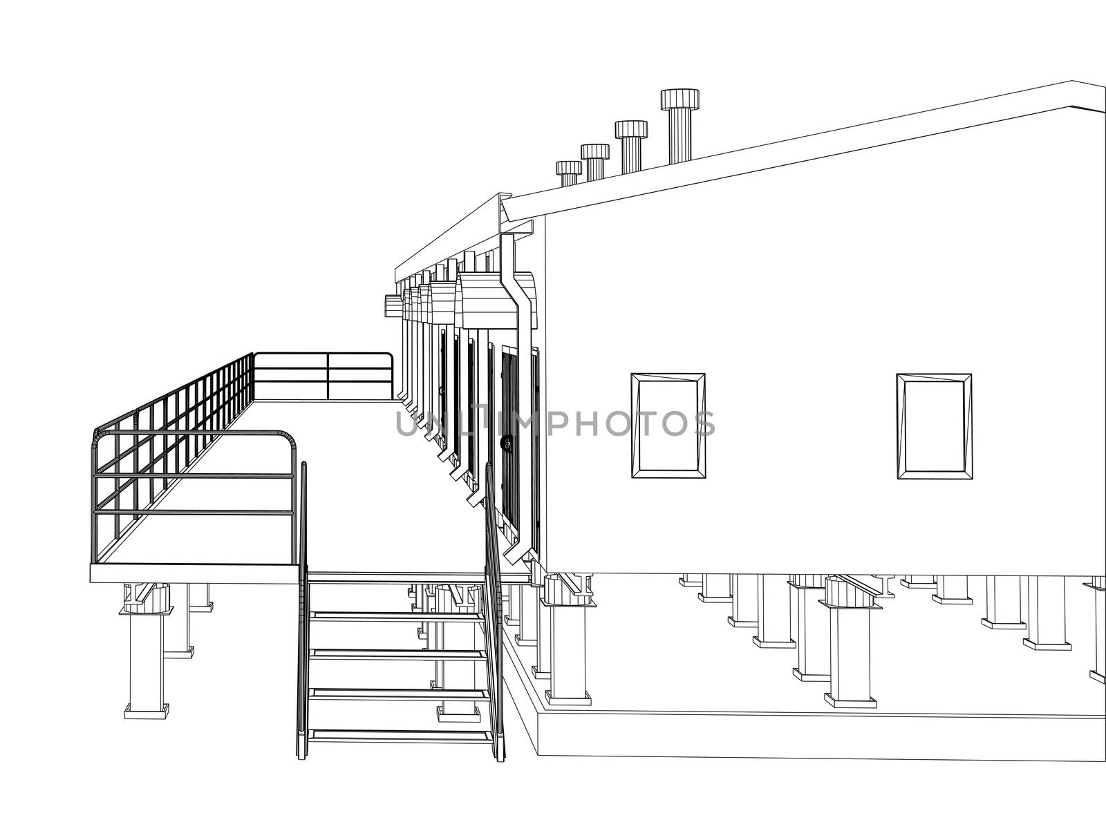 Wire-frame industrial building on the white background. 3d rendering. Wire-frame style