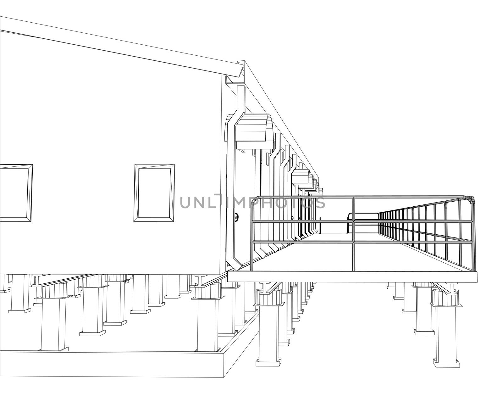 Wire-frame industrial building on the white background. 3d rendering. Wire-frame style