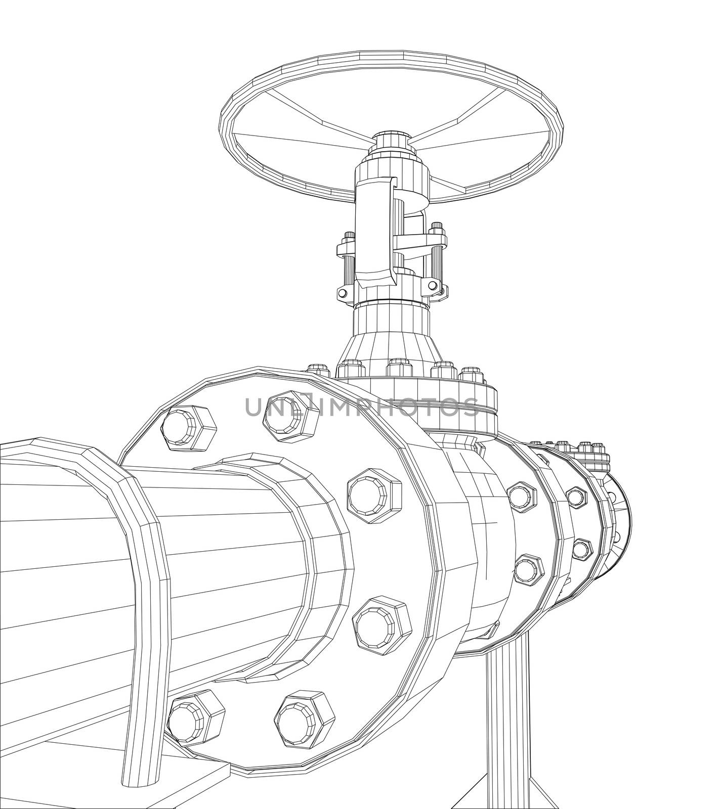 Wire-frame industrial valves. 3d rendering on white background