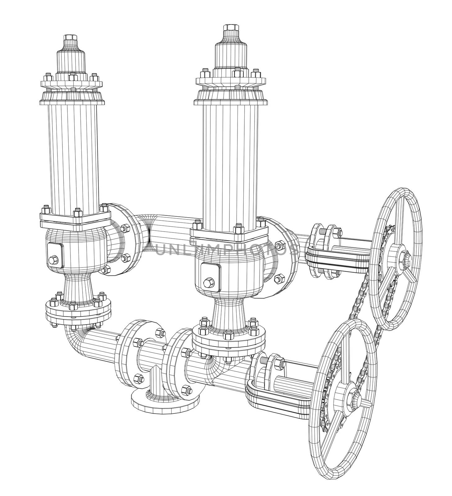 Wire-frame industrial equipment. 3d rendering on white background