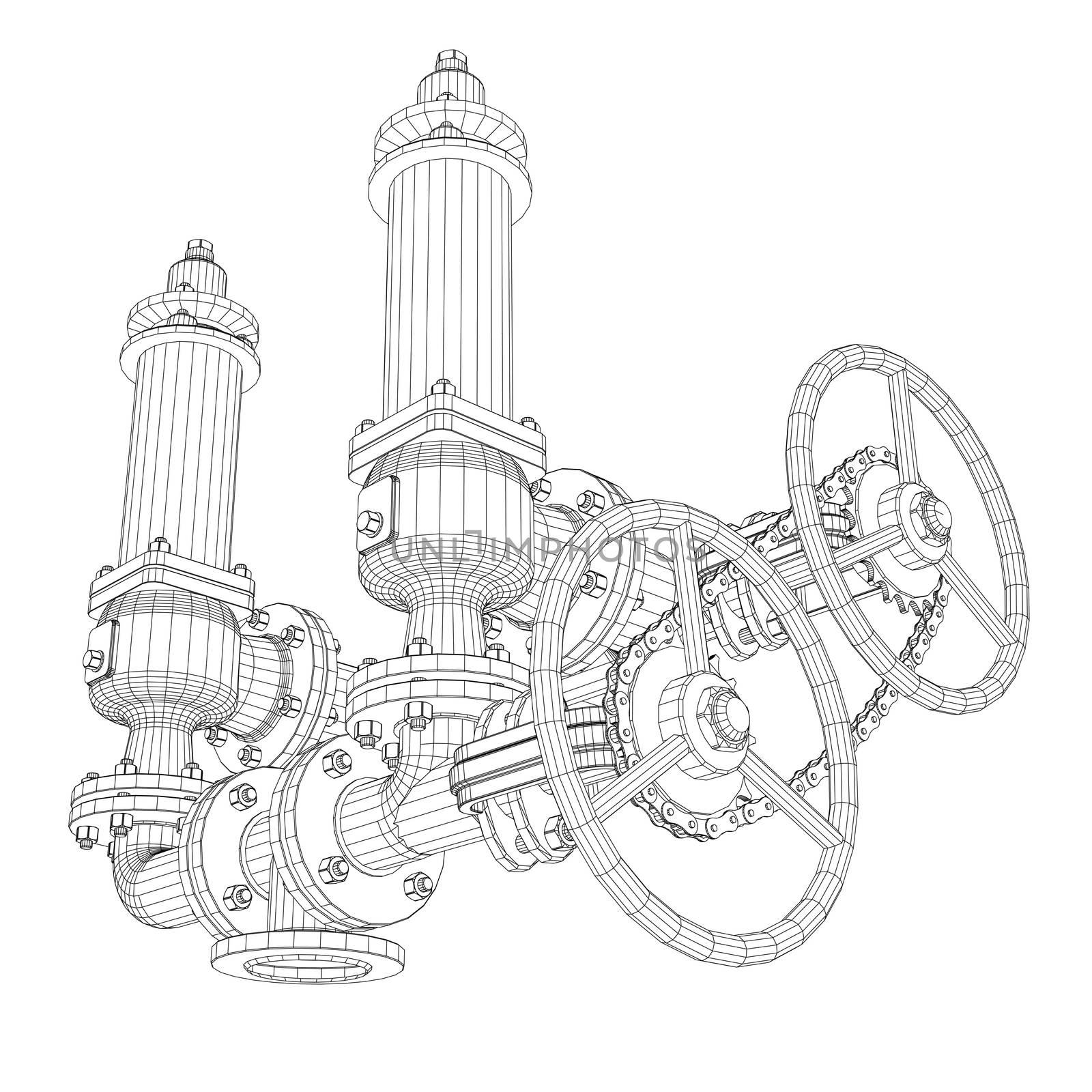 Wire-frame industrial equipment. 3d rendering on white background